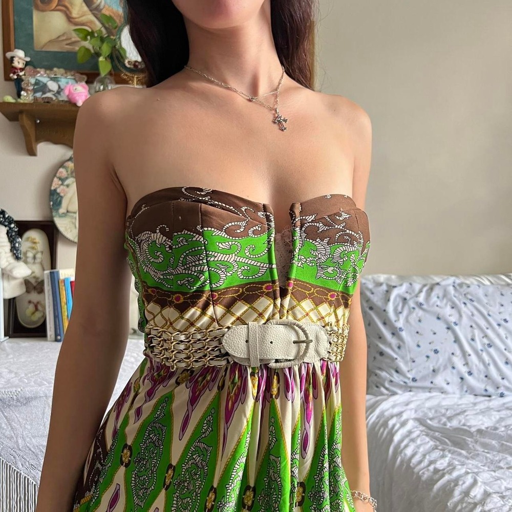 Sky Y2K Strapless Printed Mini Dress Brown Lime Green Boho Bubble Hem Small - Picture 2 of 5